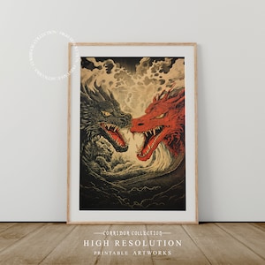 Chinese Dragon Art Print, Vintage Dragon Print, Muted Colors WOODCUT Style, Chinese Long Mythology, Asian Art, Digital Download, J119