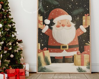 Festlicher Weihnachtsmann mit Geschenken Weihnachtswand Kunst, süße Weihnachtsdekoration Druck, Weihnachtsmann Illustration, digitaler Download N121