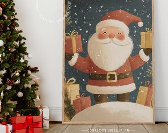 Festlicher Weihnachtsmann Wand Kunst Weihnachten Wohnkultur Süß Urlaub Print Santa mit Geschenken Weihnachtsdekoration, digitaler Download N122