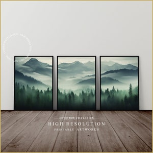Grüner Nebliger Wald, 3er Set druckbare Wandkunst, Natur Nebelig Berg Landschaft, Minimalistisch Modernes Dekor, Digitale Kunst | D-18