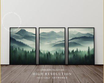 Può includere: Tre stampe incorniciate di una scena di foresta nebbiosa con montagne sullo sfondo. Le stampe sono in cornici nere e sono disposte in fila su un pavimento di legno. Il testo "Corridor Collection High Resolution Printable Artworks" è sotto le stampe.