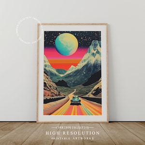Surreal Retro College Art Print,  Printable Surreal Wall Art, Trippy Space Travel Poster Print, 90s Vintage Retro Print, Digital Download