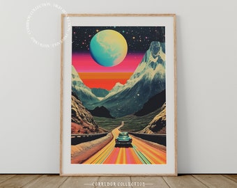 Surreale Weltraum College Kunst, Surreale druckbare Retro Wandkunst, Trippy Retro Poster, 90s Vintage Druck, Digitaler Download | J-16