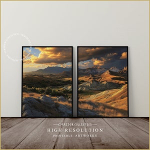 May include: Two framed landscape photographs of a mountainous valley with a dramatic sunset sky. The photos are in a modern black frame and are part of a high-resolution printable artwork collection.