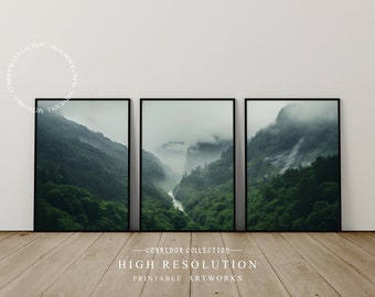 Green Misty Forest, Set of 3 Printable Wall Art, Foggy Mountain Landscape, Canyon River Valley Decor, 3 Piece Art Prints, Digital Art, M12