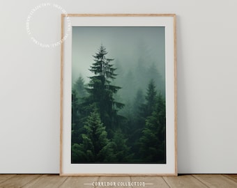 Green Misty Forest Print , Printable Wall Art, Foggy Coniferous Tree Print, Modern Forest Photo Nature Living Room Decor, Digital Download