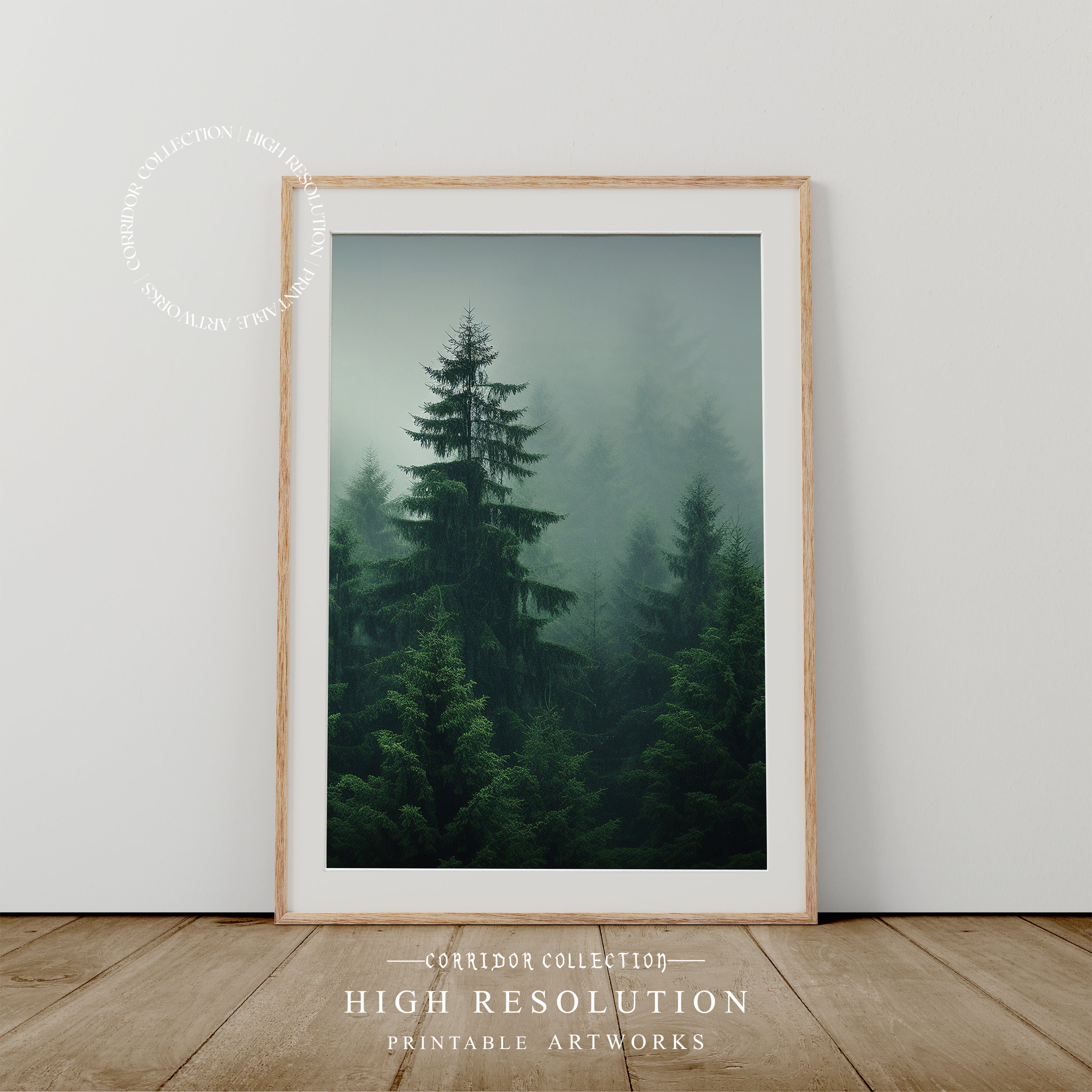 Green Misty Forest Print , Printable Wall Art, Foggy Coniferous Tree ...