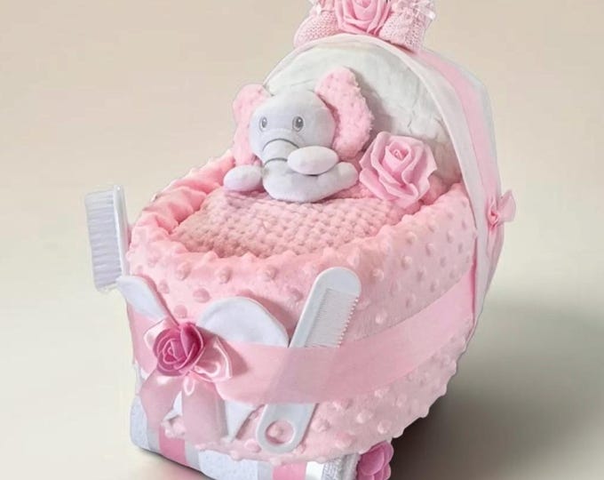 Baby Girl Nappy Cake Pram with Soft Blanket and Elephant Comforter | Baby Shower Gift