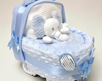 Blue Nappy Cake Pram: Baby Shower Gift Hamper with choice of soft toy