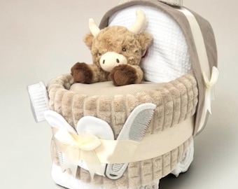 Beige Nappy Cake Pram or Crib: Personalised Baby Shower Gift Hamper with Highland Cow