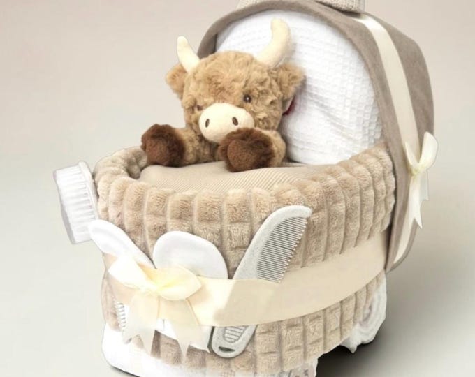 Beige Nappy Cake Pram or Crib: Personalised Baby Shower Gift Hamper with Highland Cow