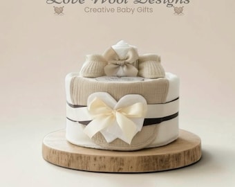 Luxury Beige Nappy Cake: Handmade Baby Shower Gift Hamper (Personalised Tag)