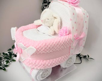 Pink Nappy Cake Pram: Baby Girl, Baby Shower Hamper Gift