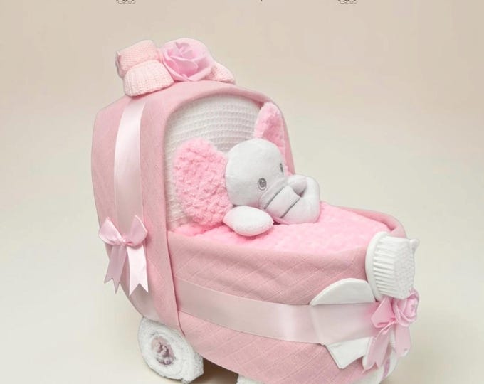 Pink Nappy Cake Pram: Baby girl shower gift hamper with personalised tag