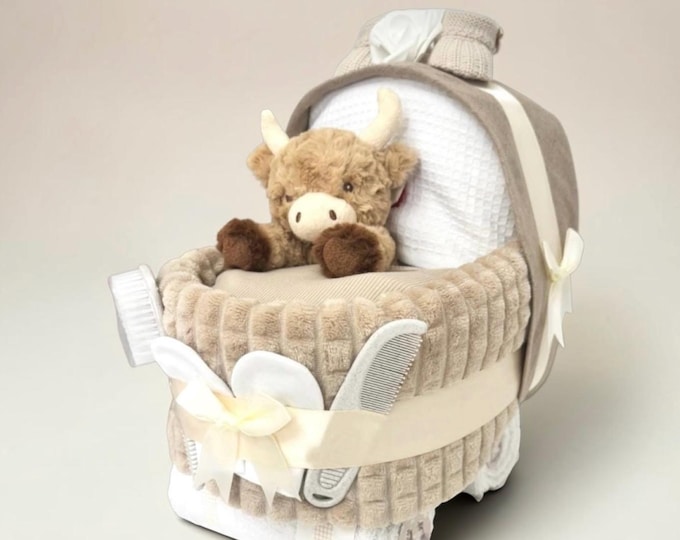 Beige Nappy Cake Pram or Crib: Personalised Baby Shower Gift Hamper with Highland Cow
