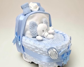 Blue Nappy Cake Pram: Baby Shower Gift Hamper with choice of soft toy