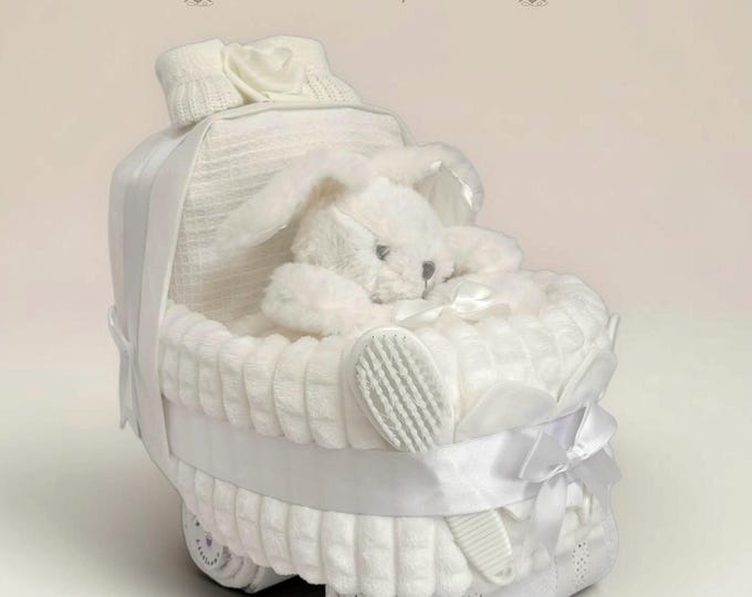 Nappy Cake Pram Crib: Baby Shower Newborn Hamper Gift, White