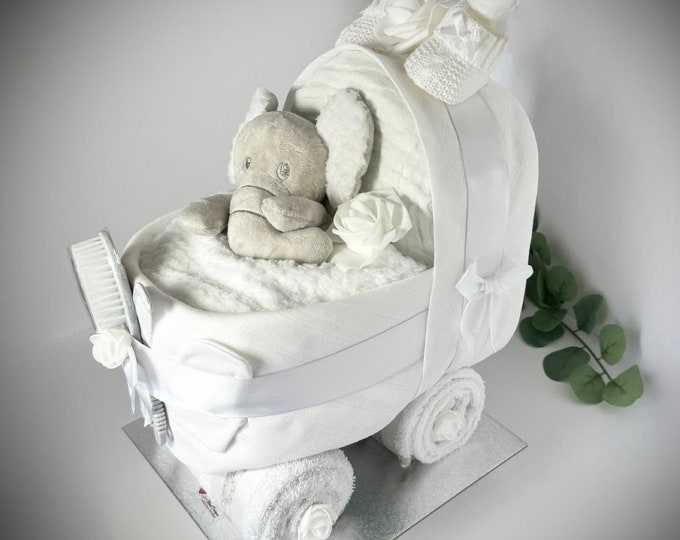 Nappy Cake Pram, White neutral, baby shower, maternity leave, newborn baby hamper, new grandchild gift, personalised gift tag available.
