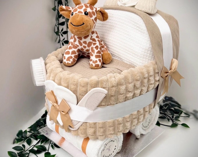 Beige Nappy Cake Pram: unisex, baby shower gift hamper with choice of soft toy