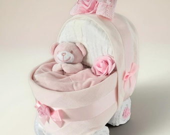Pink Nappy Cake Pram, Baby Shower Hamper, Personalised Gift Tag