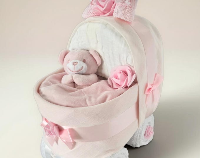 Pink Nappy Cake Pram, Baby Shower Hamper, Personalised Gift Tag