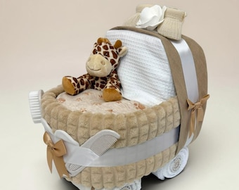 Luxury Handmade Giraffe Nappy Cake Pram: Personalised Baby Shower Gift Hamper