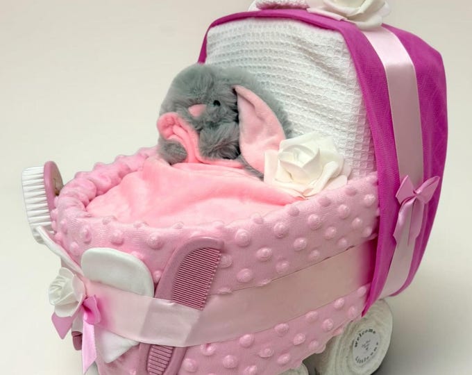 Pink Nappy Cake Pram: Baby Shower Gift Hamper, Maternity Leave, Newborn Baby Girl