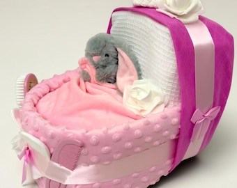 Pink Nappy Cake Crib: Baby Girl Shower Gift Hamper maternity leave, newborn baby
