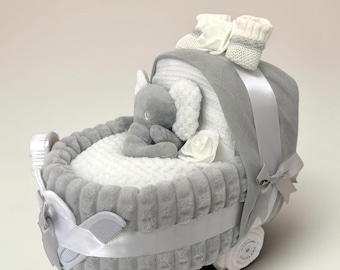 Nappy Cake Pram: Personalised Baby Shower Gift Hamper in Grey & White