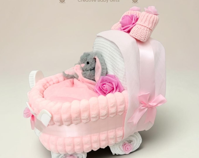 Luxury Handmade Pink Nappy Cake Pram: Personalised Baby Shower or Maternity Gift Hamper