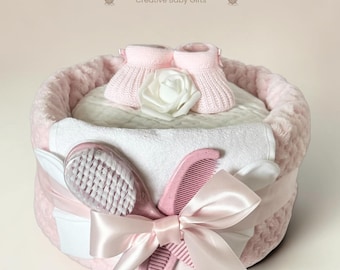 Newborn Baby Pink Nappy Cake Hamper: Soft Blanket, Hat & Booties