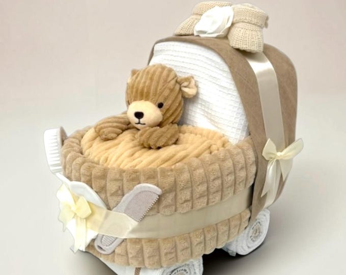 Beige Nappy Cake Pram: Unisex Baby Shower Gift Hamper with Teddy Comforter