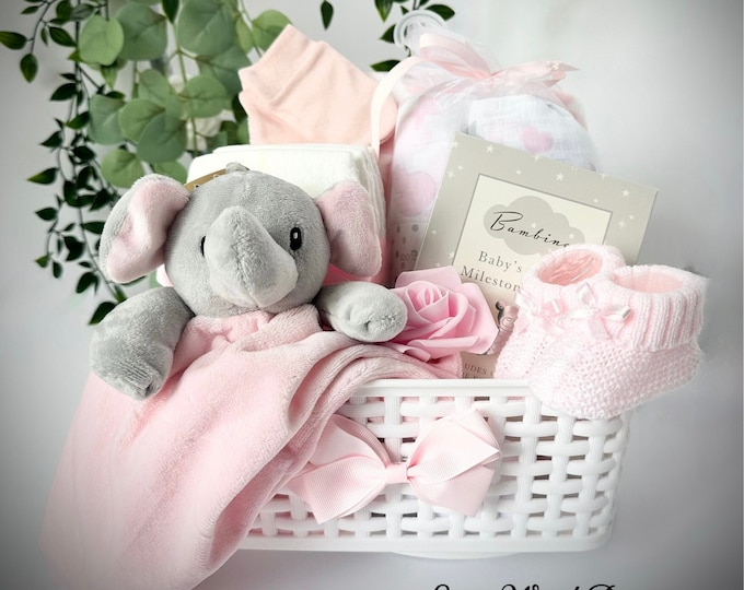 Lovely New Baby Gift Hamper Basket, baby shower, Maternity Gift. Practical baby Items for a newborn baby in pink