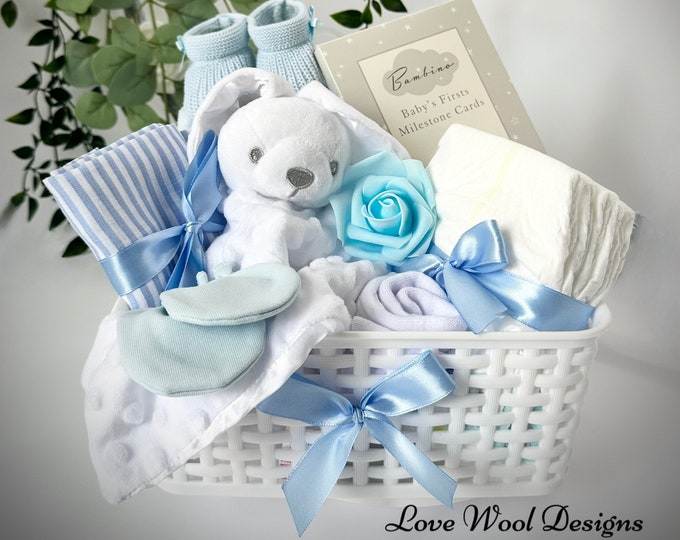 Lovely New Baby Gift Hamper Basket, baby shower, Maternity Gift. Practical baby Items for a newborn baby in Blue