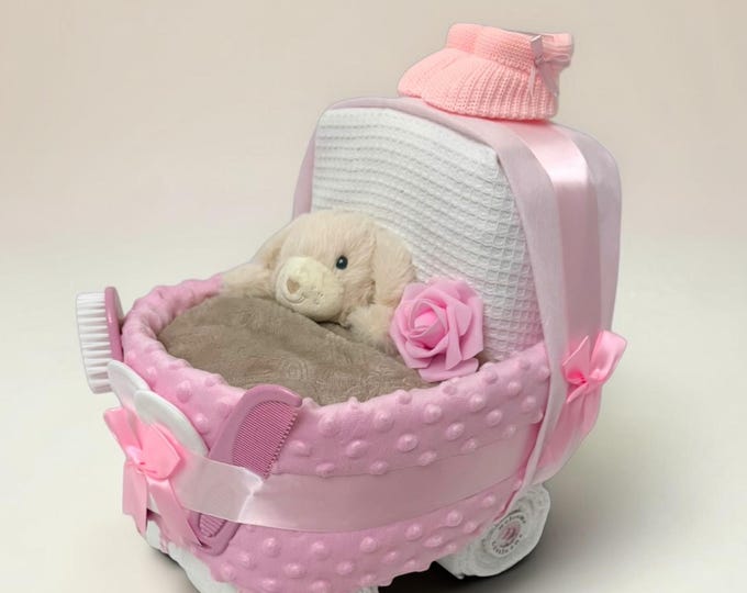Baby Nappy Cake Pram: Pink Beige Plush Puppy Baby Shower Gift Hamper