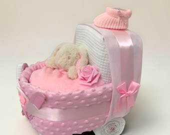 Pink Nappy Cake Pram: Baby Shower Gift Hamper, Maternity Leave, Newborn Baby Girl