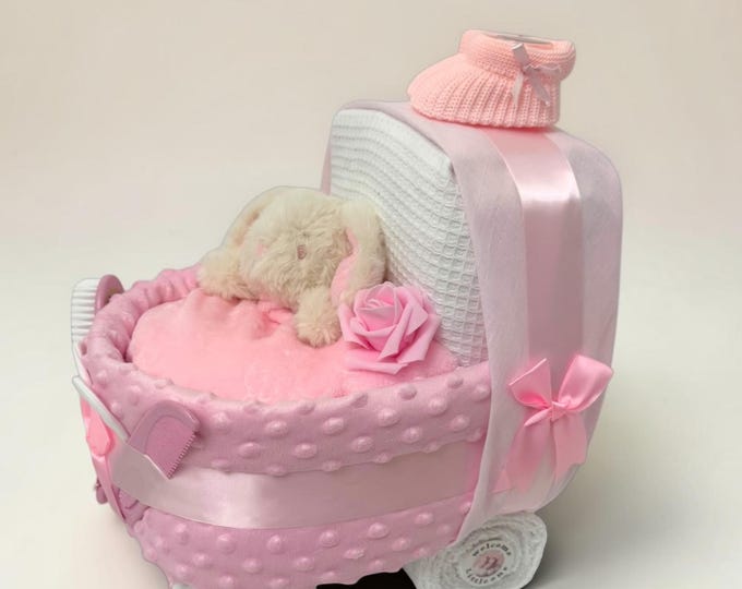 Pink Nappy Cake Pram: Baby Shower Gift Hamper, Maternity Leave, Newborn Baby Girl