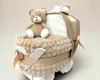 Baby Nappy Cake Pram: Beige Baby Shower Gift Hamper with Blanket
