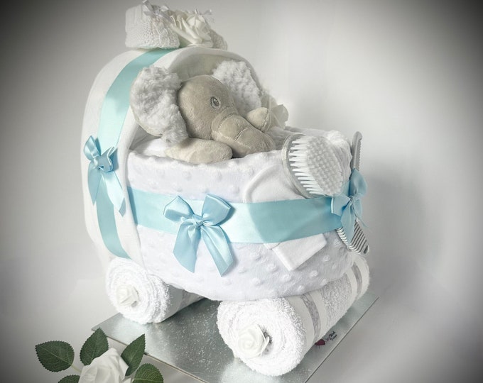 Nappy Cake Pram, blue white, baby boy, baby shower, maternity leave, newborn baby hamper, new grandson, personalised gift tag available.