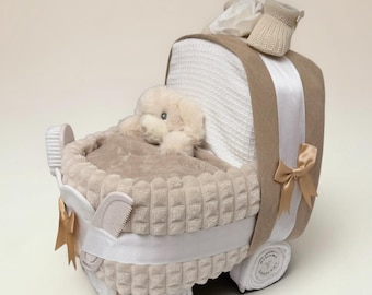 Baby Nappy Cake Pram: Beige plush Baby Shower Gift Hamper