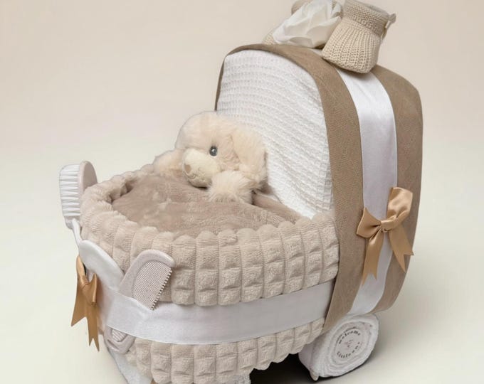 Baby Nappy Cake Pram: Beige plush Baby Shower Gift Hamper