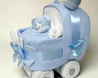 Blue Nappy Cake Pram: Baby Shower Newborn Hamper, Cotton Muslins