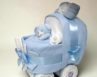 Blue Nappy Cake Pram: Baby Shower Newborn Hamper, Cotton Muslins