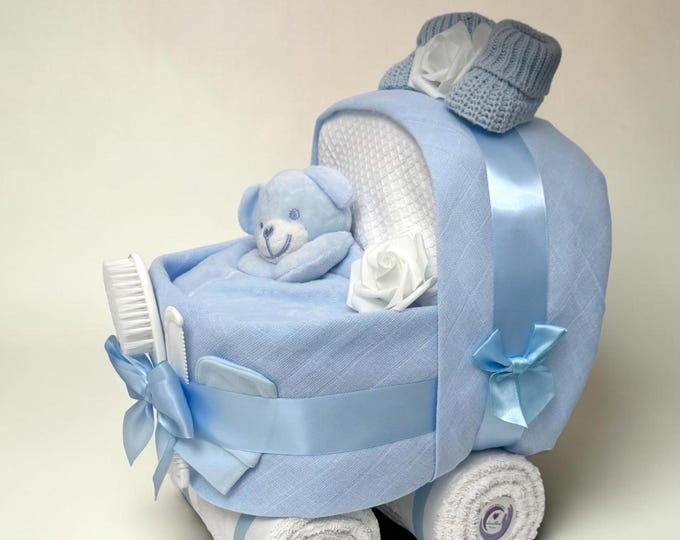Blue Nappy Cake Pram: Baby Shower Newborn Hamper, Cotton Muslins