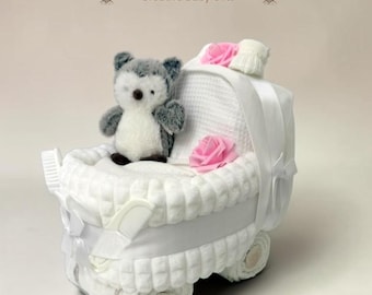Baby Girl Nappy Cake Pram: White Pink Plush Owl Hamper Gift