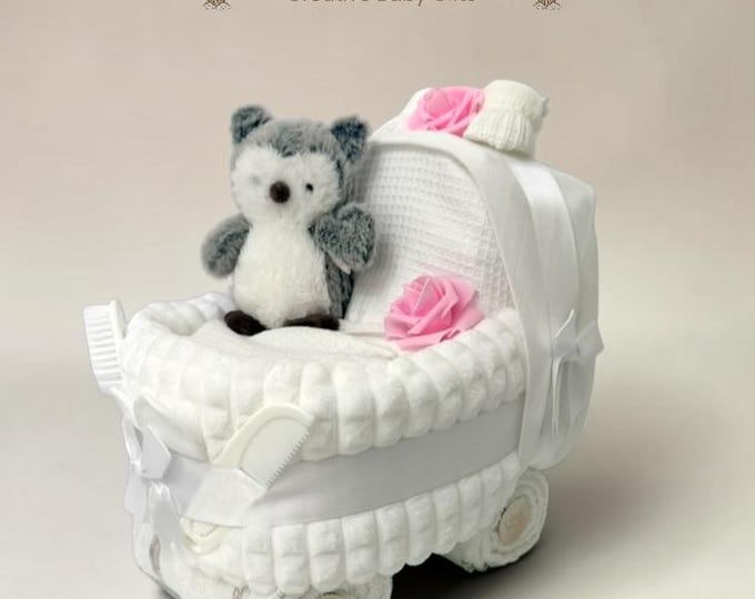 Baby Girl Nappy Cake Pram: White Pink Plush Owl Hamper Gift