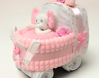 Luxury Pink Nappy Cake Pram | Personalised Baby Shower Hamper
