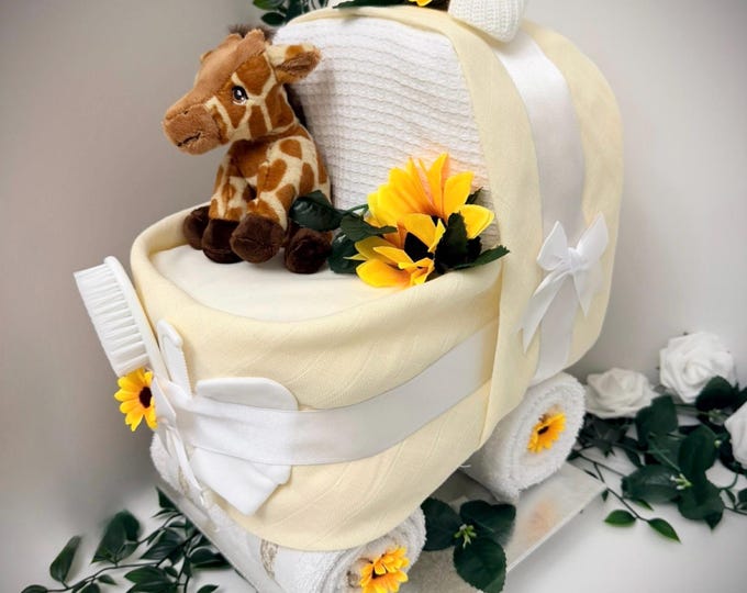 Neutral Nappy Cake Pram: Baby Shower Gift Hamper