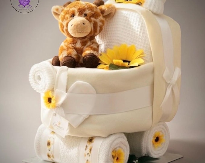 Neutral Nappy Cake Pram: Baby Shower Gift Hamper