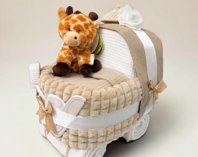 Beige Luxury Handmade Nappy Cake Pram – Personalised Baby Shower Gift Hamper with Giraffe